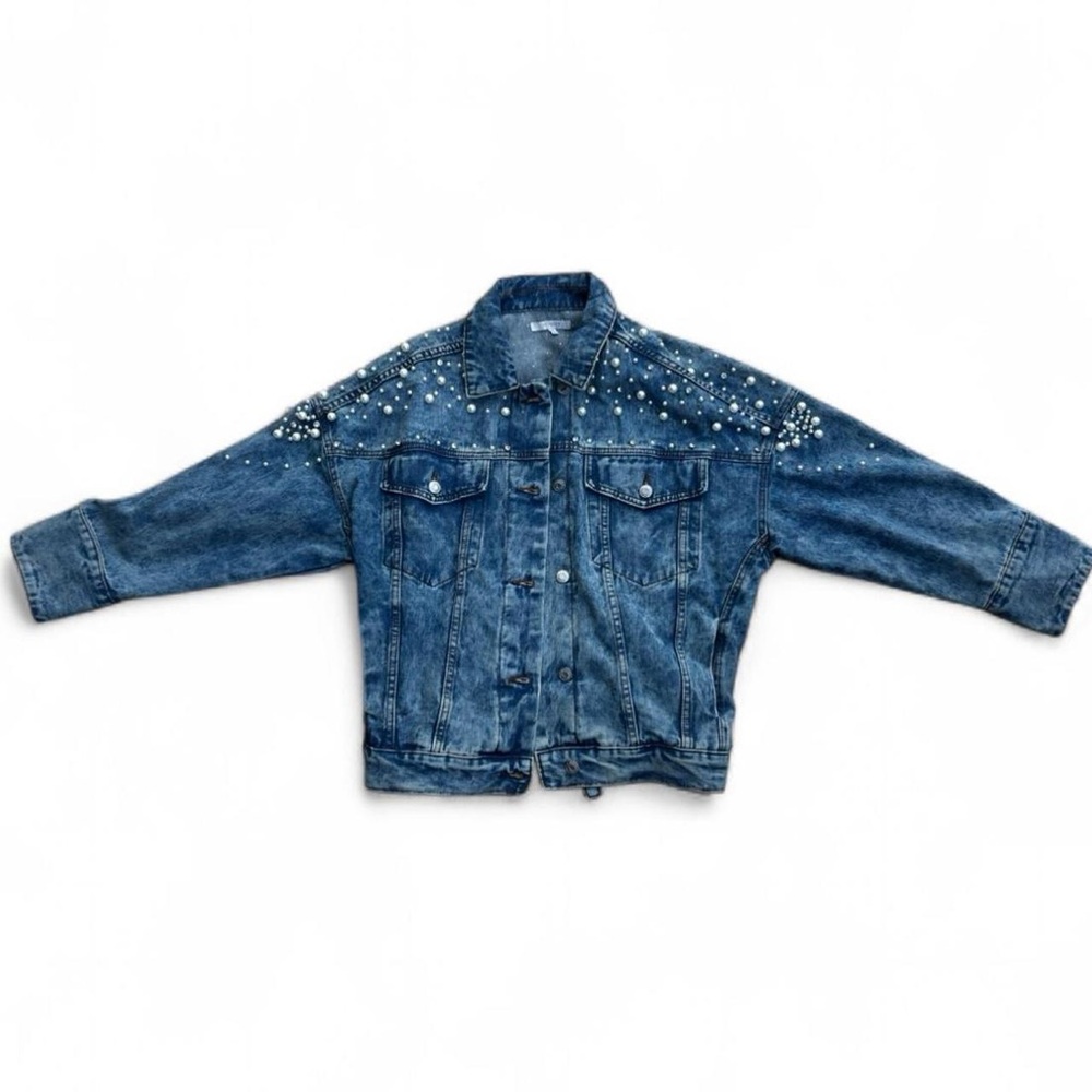 Women's Blue Pearl-Embellished Denim Jacket - Picture 4 of 5